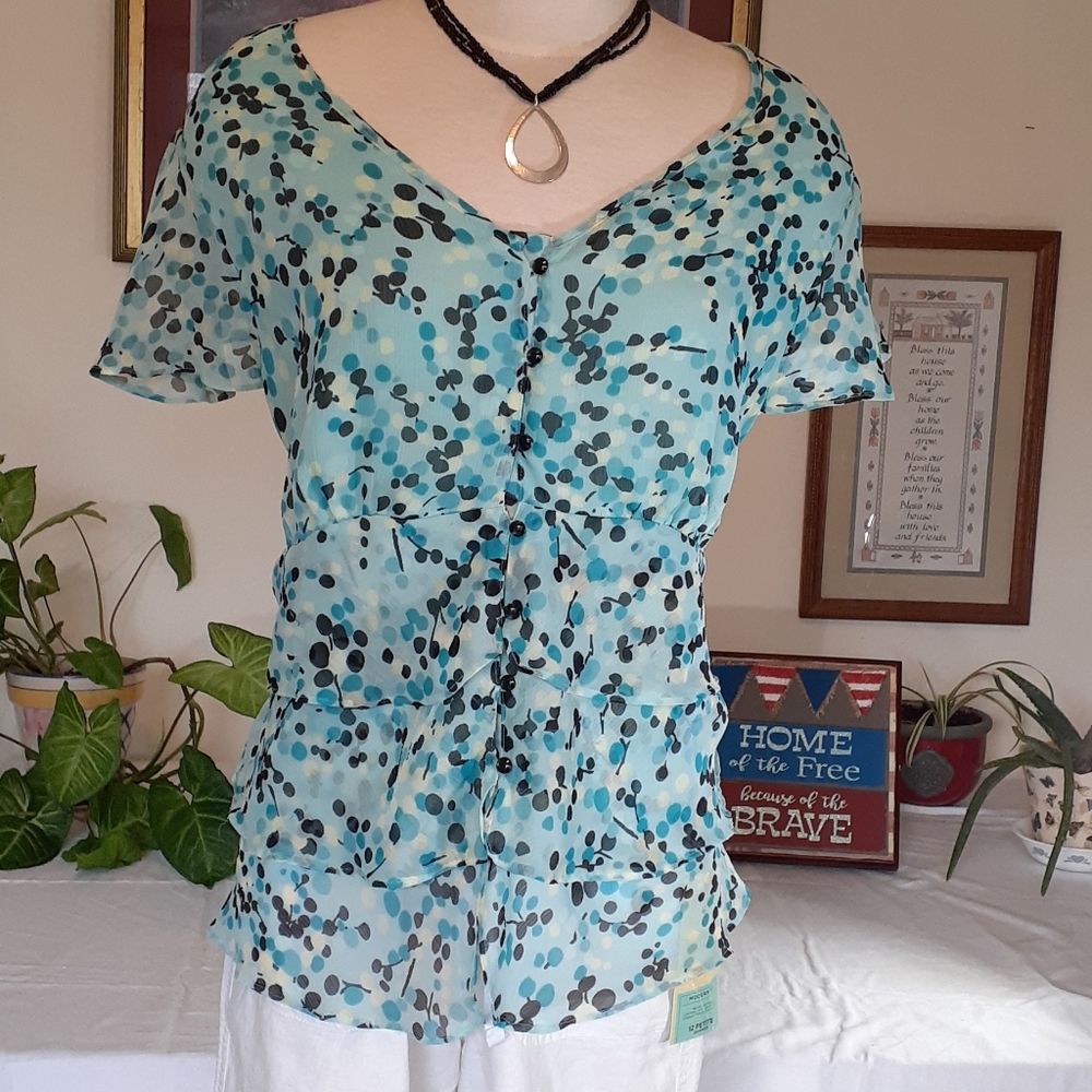 Top, Blouse, button up, blue & white, polyester, apt. 9 - Picture 1 of 8